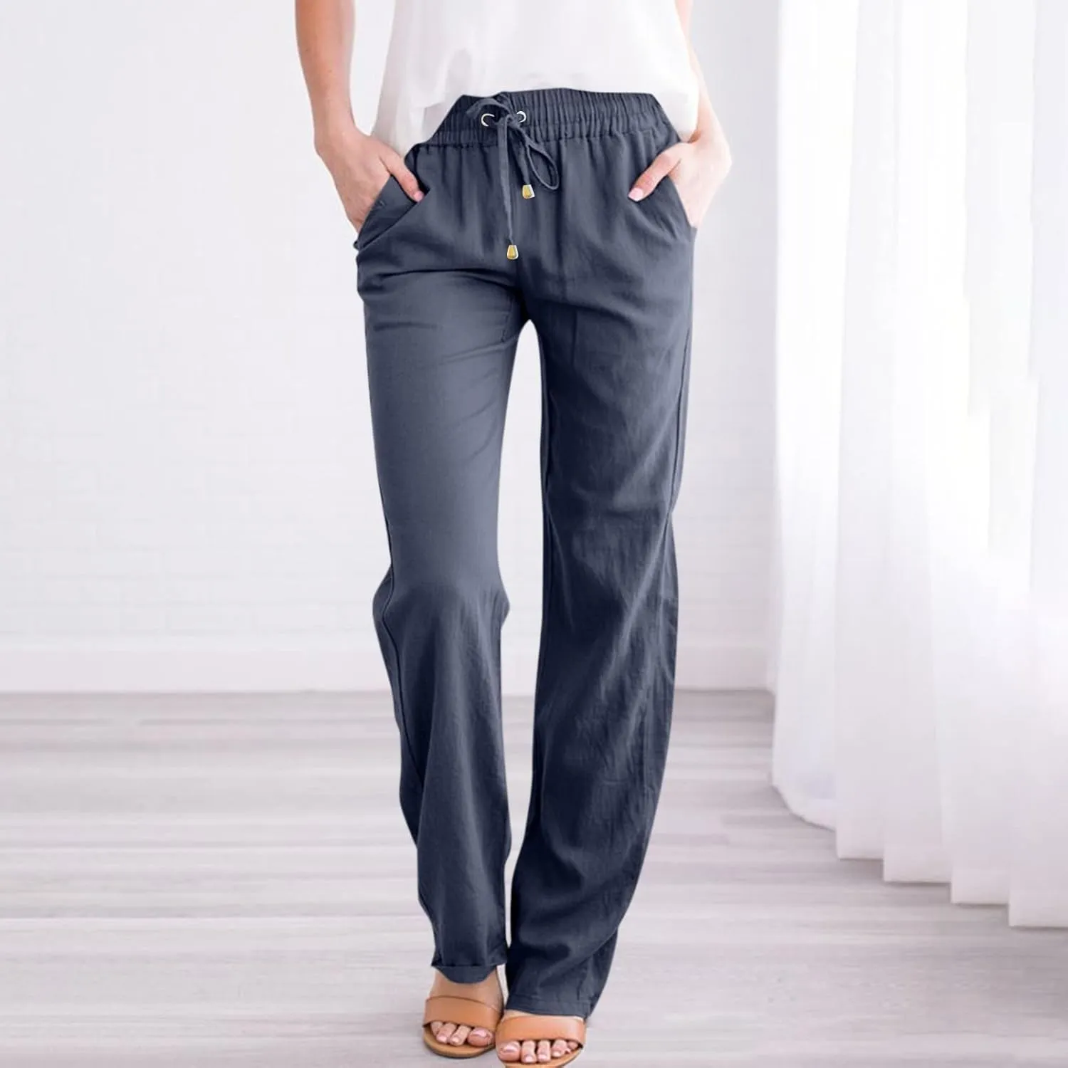 Linen Pants Women 2025 Summer Drawstring Pants Casual Loose Wide Leg Lounge Pants for Beach Travel Vacation