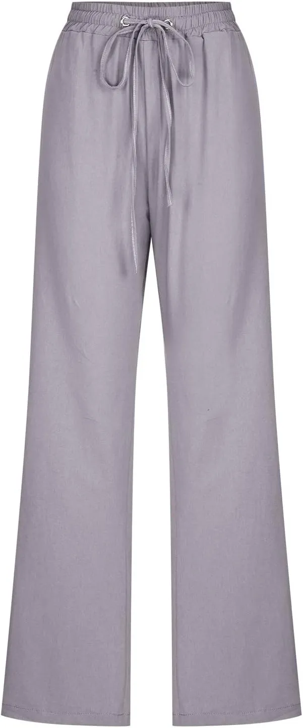 Linen Pants Women Casual Straight Leg Pants High Waist Drawstring Loose Fit Summer Pants Trousers with Pocket