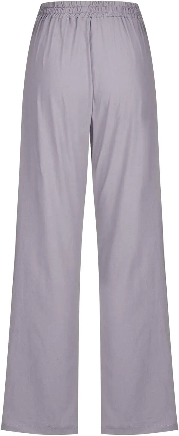 Linen Pants Women Casual Straight Leg Pants High Waist Drawstring Loose Fit Summer Pants Trousers with Pocket