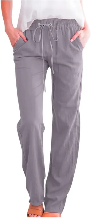 Linen Pants Women Casual Straight Leg Pants High Waist Drawstring Loose Fit Summer Pants Trousers with Pocket
