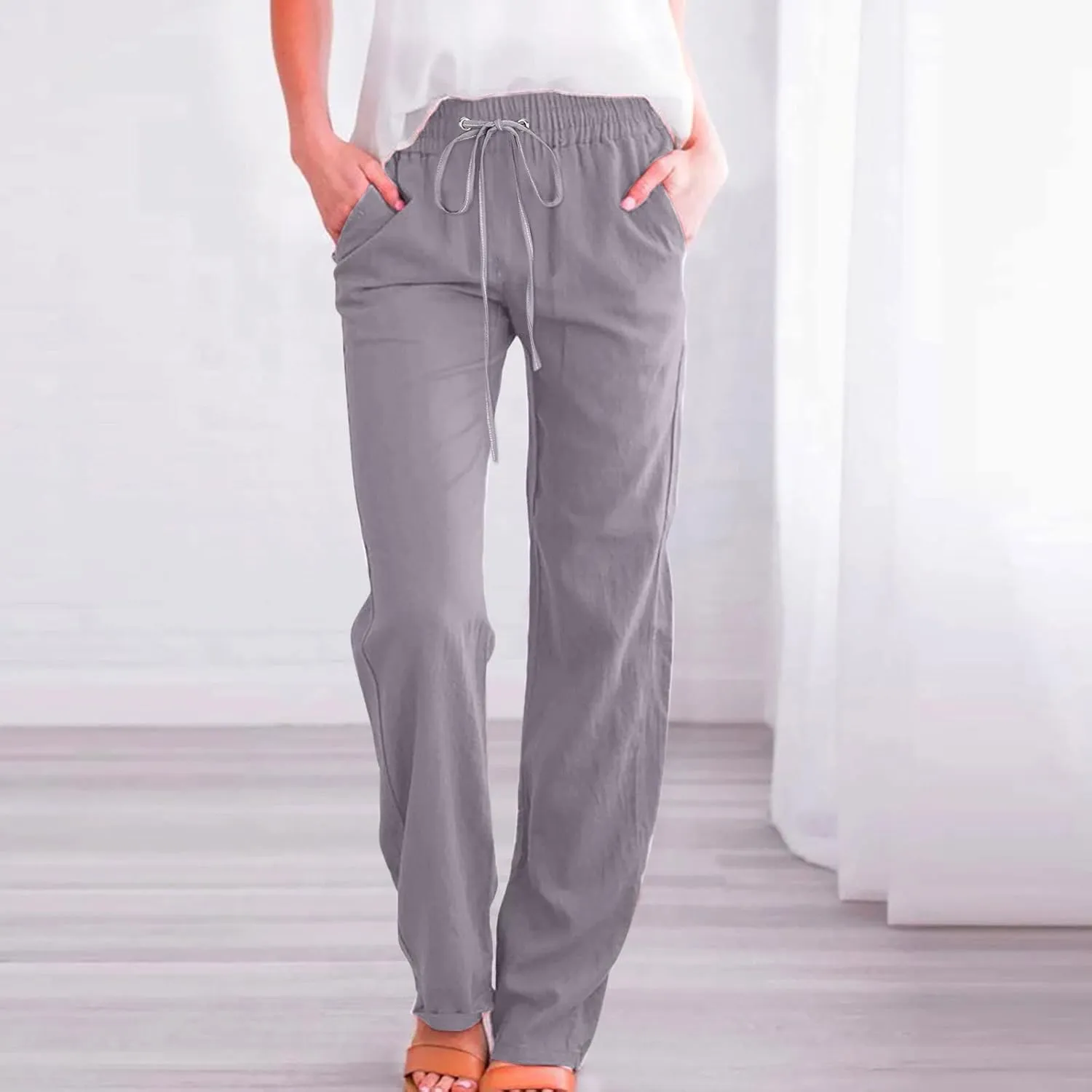 Linen Pants Women Casual Straight Leg Pants High Waist Drawstring Loose Fit Summer Pants Trousers with Pocket
