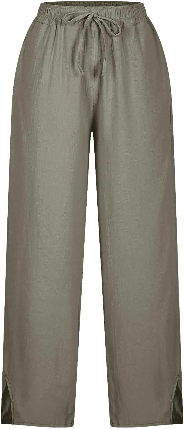 Linen Pants Women Petite 2025 Trendy Slit Wide Leg Beach Pants Summer Casual Loose Fit Lightweight Gauze Trousers