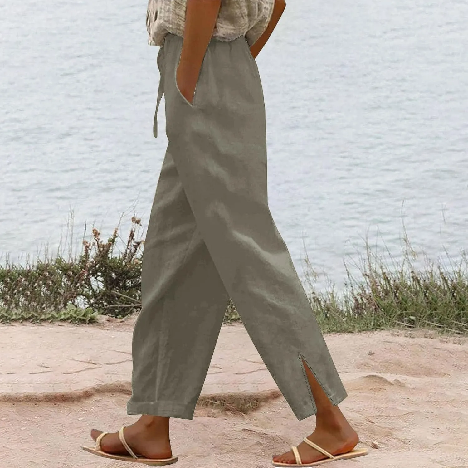 Linen Pants Women Petite 2025 Trendy Slit Wide Leg Beach Pants Summer Casual Loose Fit Lightweight Gauze Trousers