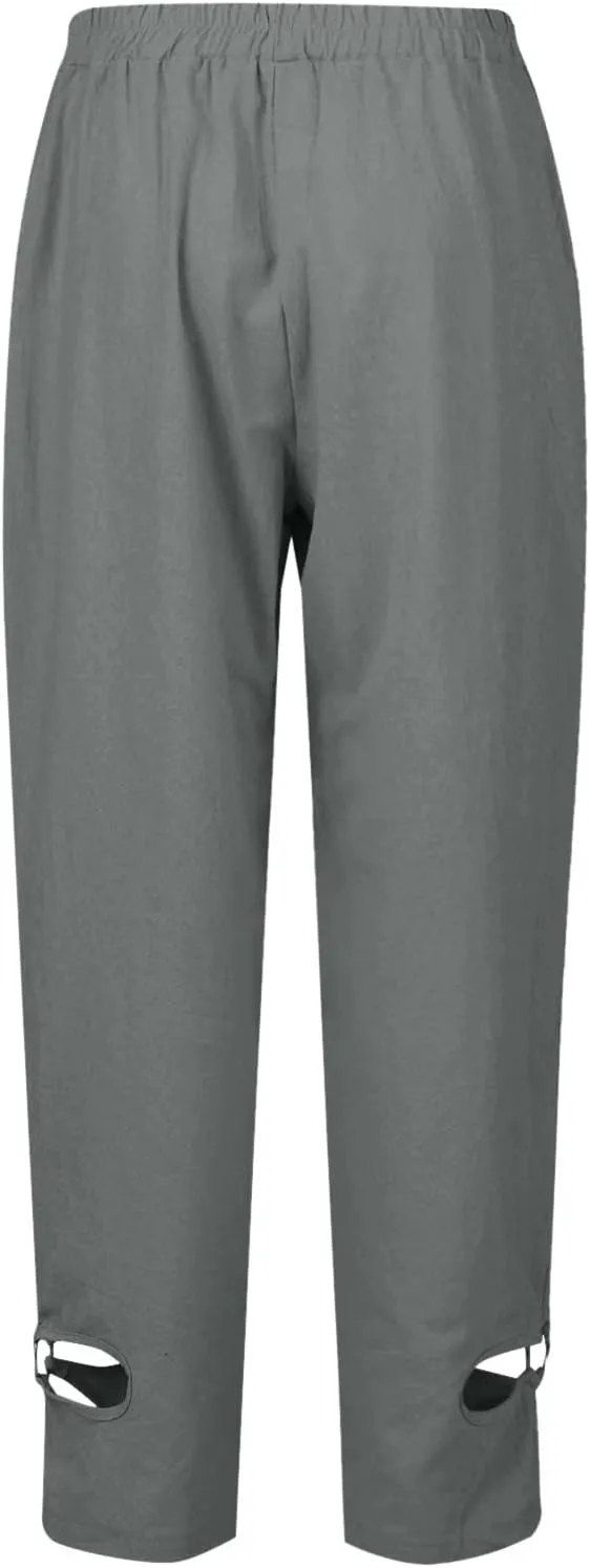Linen Pants Women Petite Linen Blend Pants for Women High Waisted Wide Leg Striped Drawstring Beach Pants Pockets