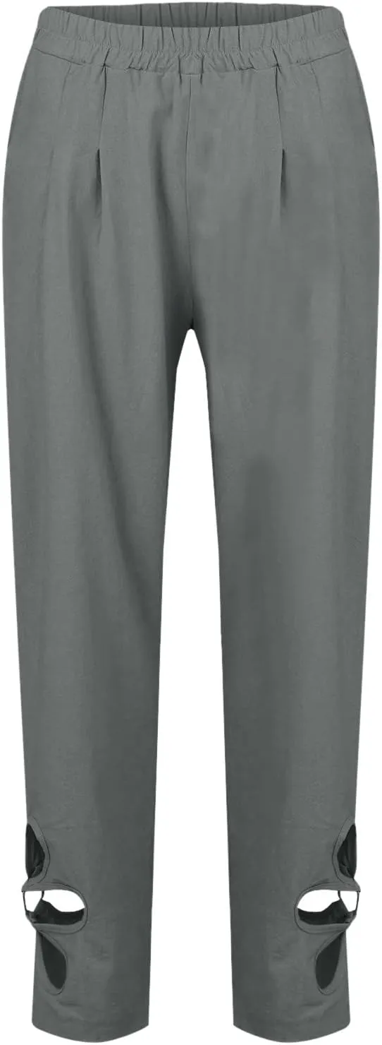 Linen Pants Women Petite Linen Blend Pants for Women High Waisted Wide Leg Striped Drawstring Beach Pants Pockets