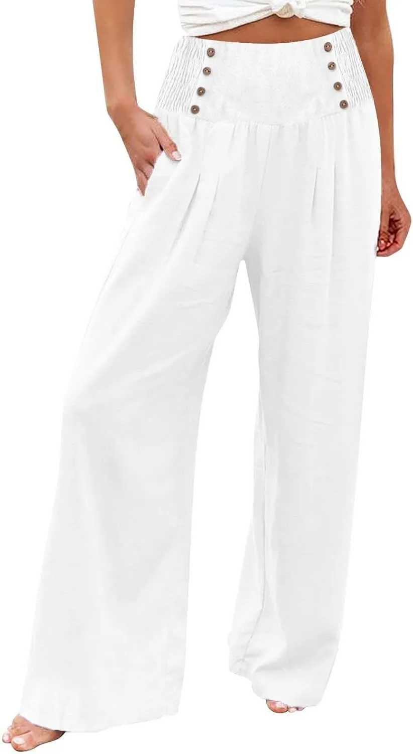 Linen Pants Women Petite Linen Blend Pants for Women High Waisted Wide Leg Striped Drawstring Beach Pants Pockets
