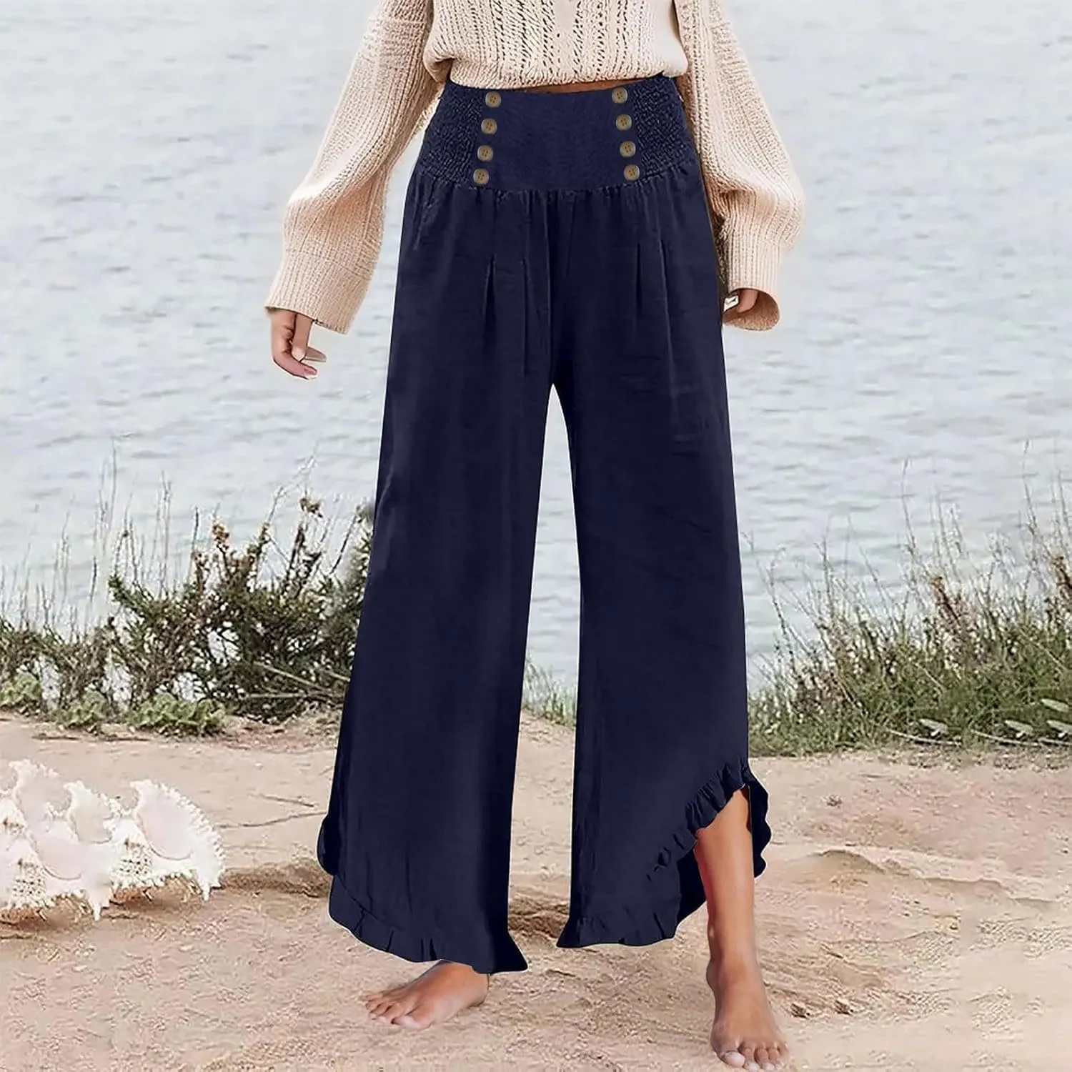 Linen Pants Women Petite Summer Casual Loose Eic Drawstring Work Pants 2025 Beach Vacation Palazzo High Waist Slacks