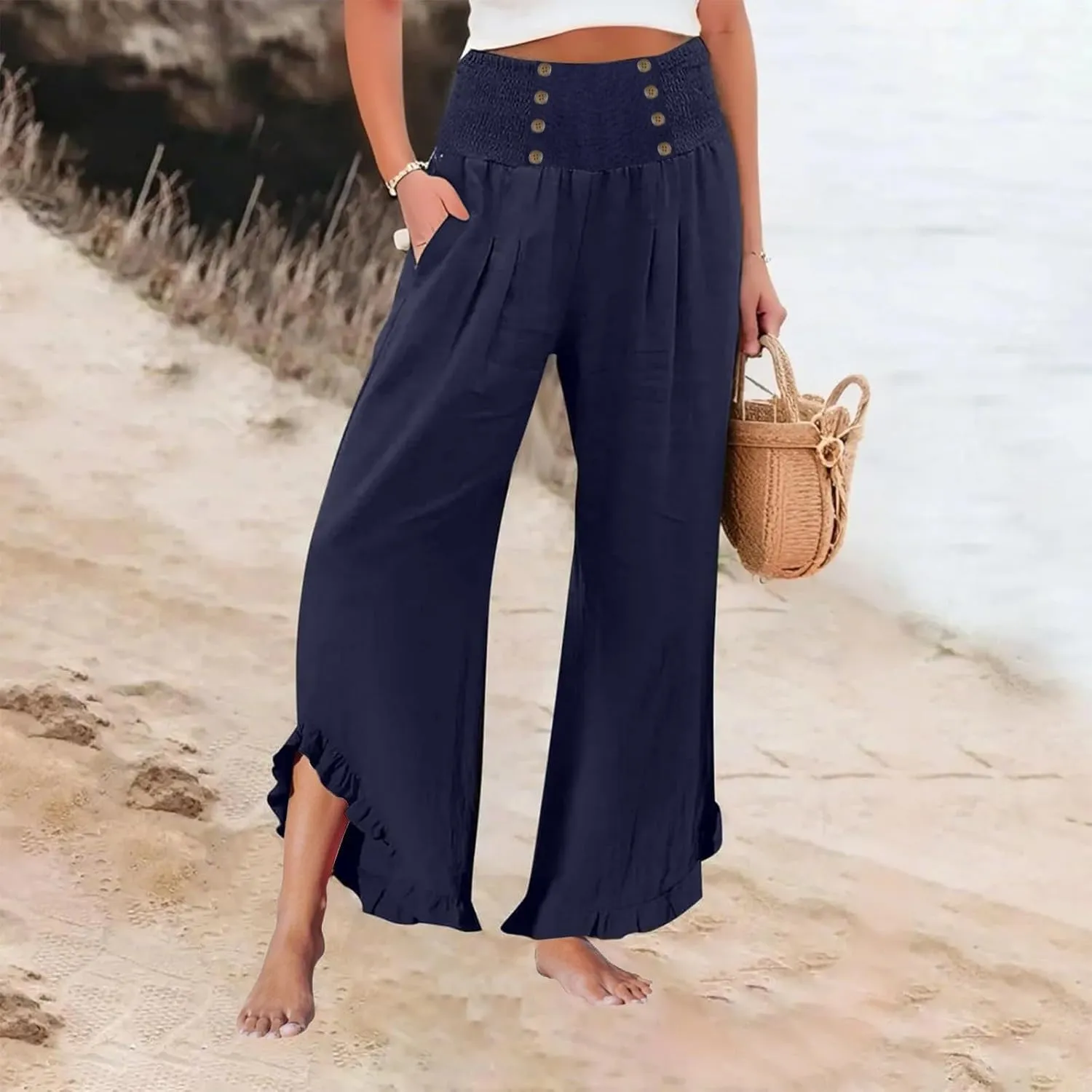 Linen Pants Women Petite Summer Casual Loose Eic Drawstring Work Pants 2025 Beach Vacation Palazzo High Waist Slacks