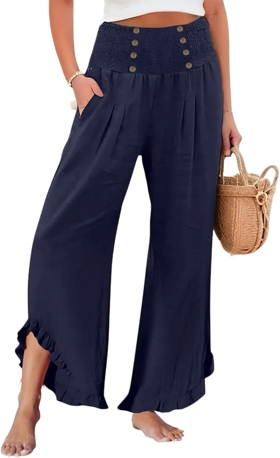 Linen Pants Women Petite Summer Casual Loose Eic Drawstring Work Pants 2025 Beach Vacation Palazzo High Waist Slacks