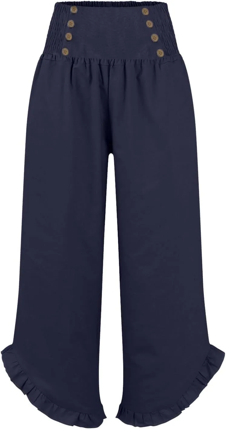 Linen Pants Women Petite Summer Casual Loose Elastic Drawstring Work Pants 2025 Beach Vacation Palazzo High Waist Slacks