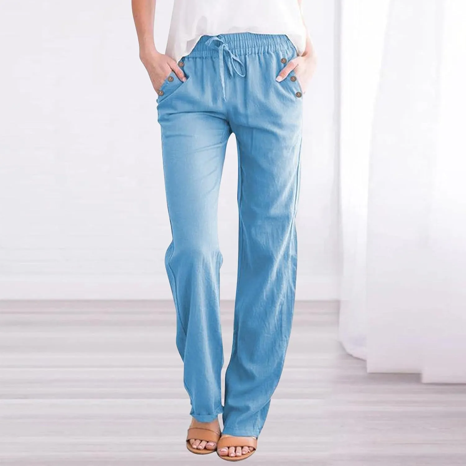 Linen Pants Women Summer Petite 2025 Summer Casual Palazzo Drawstring Cotton Linen Pants Beach Trousers with Pockets