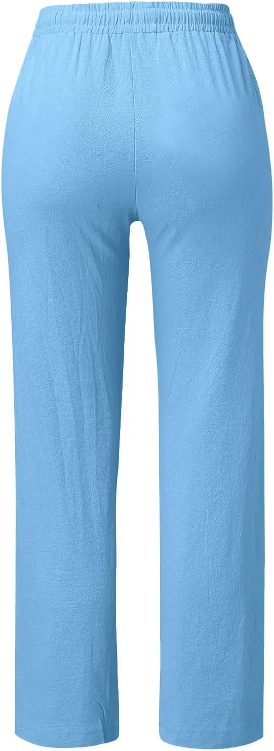 Linen Pants Women Summer Petite 2025 Summer Casual Palazzo Drawstring Cotton Linen Pants Beach Trousers with Pockets