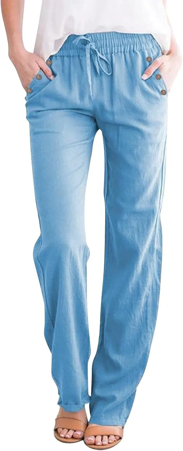 Linen Pants Women Summer Petite 2025 Summer Casual Palazzo Drawstring Cotton Linen Pants Beach Trousers with Pockets
