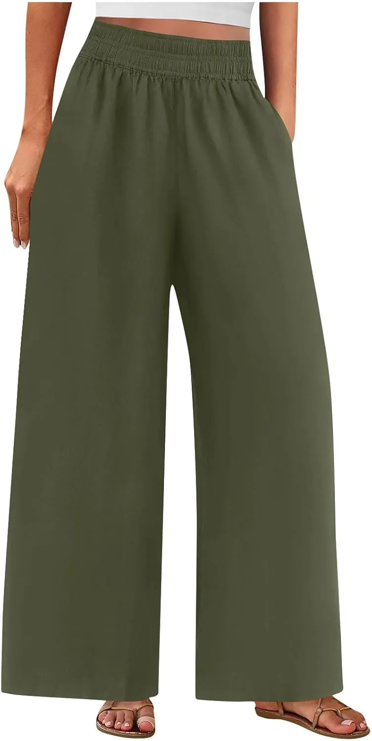 Linen Pants Women Summer Wide Leg Palazzo Pants Casual Elastic Waist Pants Vacation Flowy Linen Trousers with Pockets