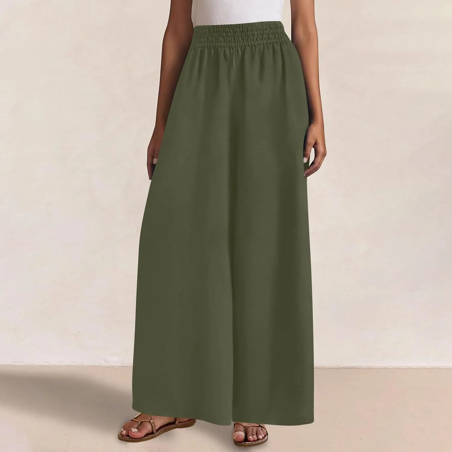 Linen Pants Women Summer Wide Leg Palazzo Pants Casual Elastic Waist Pants Vacation Flowy Linen Trousers with Pockets