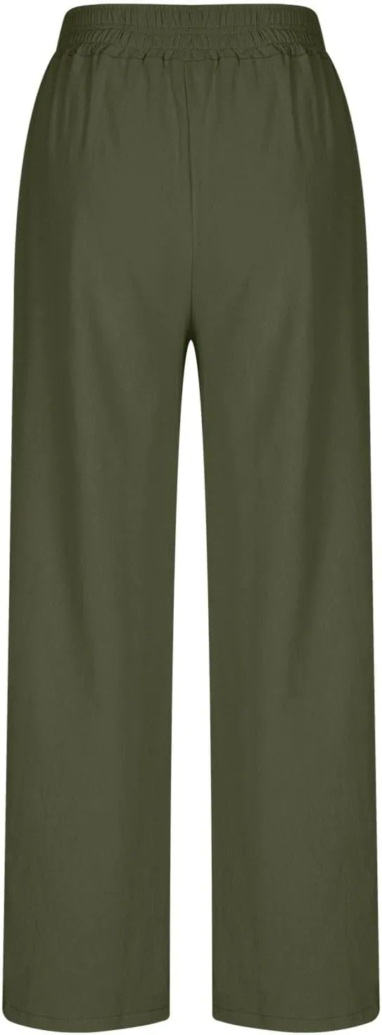 Linen Pants Women Summer Wide Leg Palazzo Pants Casual Elastic Waist Pants Vacation Flowy Linen Trousers with Pockets