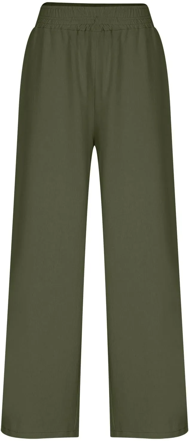 Linen Pants Women Summer Wide Leg Palazzo Pants Casual Elastic Waist Pants Vacation Flowy Linen Trousers with Pockets