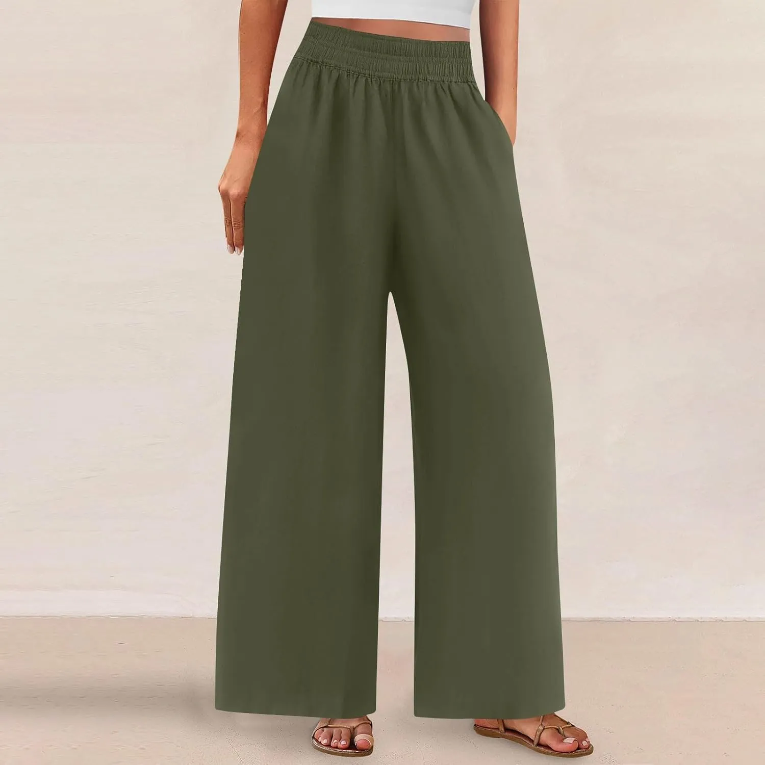 Linen Pants Women Summer Wide Leg Palazzo Pants Casual Elastic Waist Pants Vacation Flowy Linen Trousers with Pockets