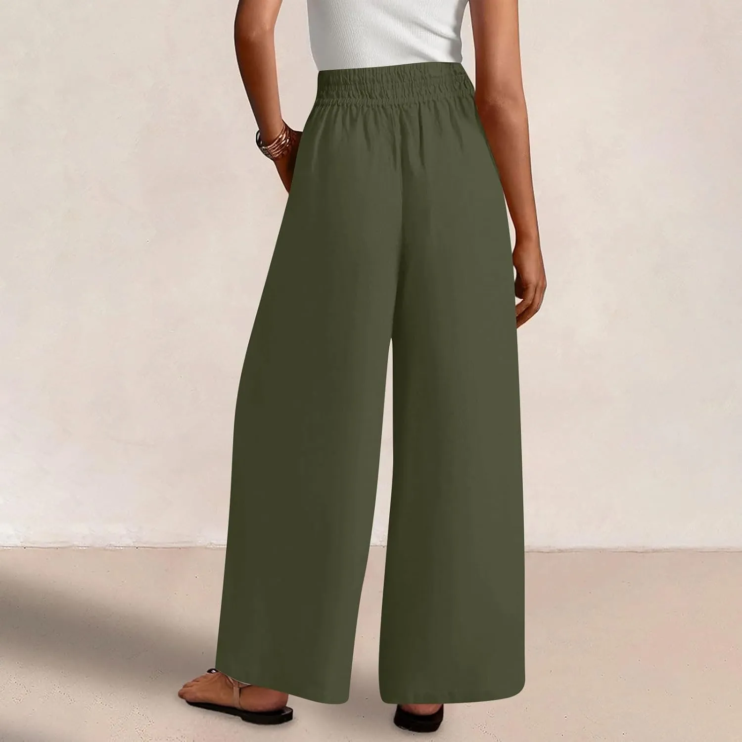 Linen Pants Women Summer Wide Leg Palazzo Pants Casual Elastic Waist Pants Vacation Flowy Linen Trousers with Pockets