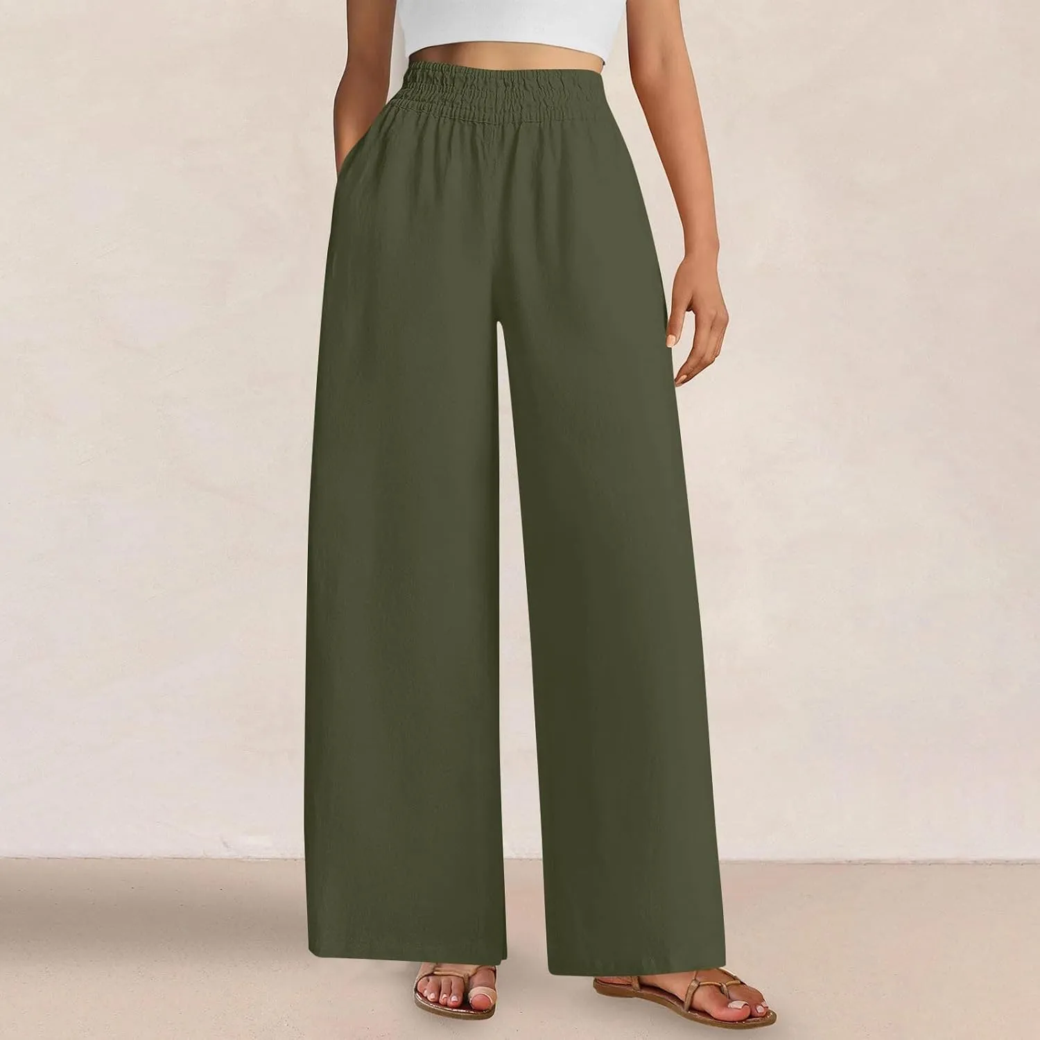 Linen Pants Women Summer Wide Leg Palazzo Pants Casual Elastic Waist Pants Vacation Flowy Linen Trousers with Pockets