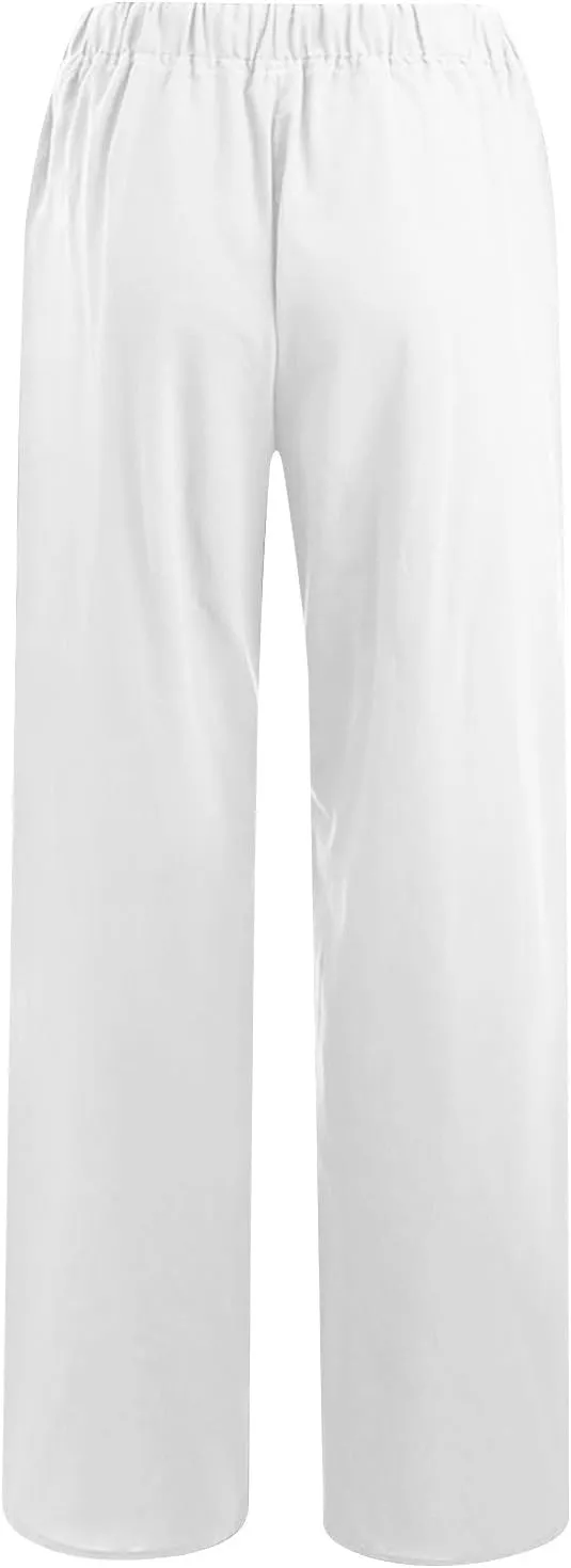 Linen Pants Women Summer Wide Leg Pants Drawstring Elastic Waist Pants High Waisted Lounge Pants Casual Beach Trousers