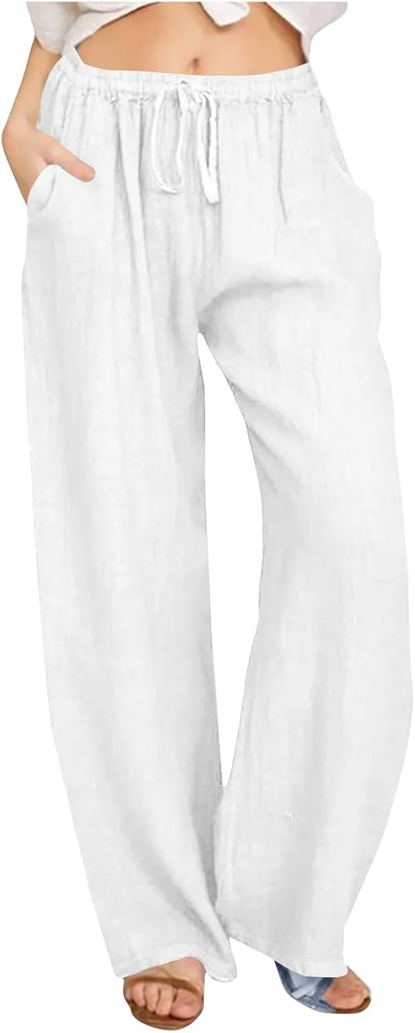 Linen Pants Women Summer Wide Leg Pants Drawstring Elastic Waist Pants High Waisted Lounge Pants Casual Beach Trousers