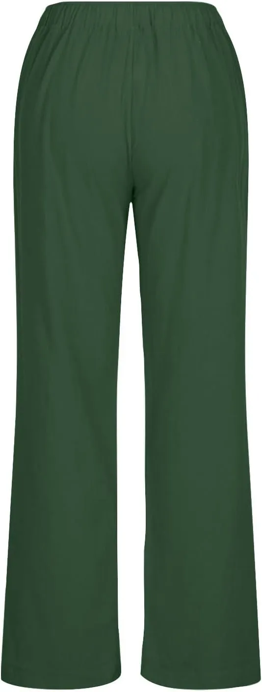 Linen Pants Women Summer Wide Leg Pants Drawstring Elastic Waist Pants High Waisted Lounge Pants Casual Beach Trousers