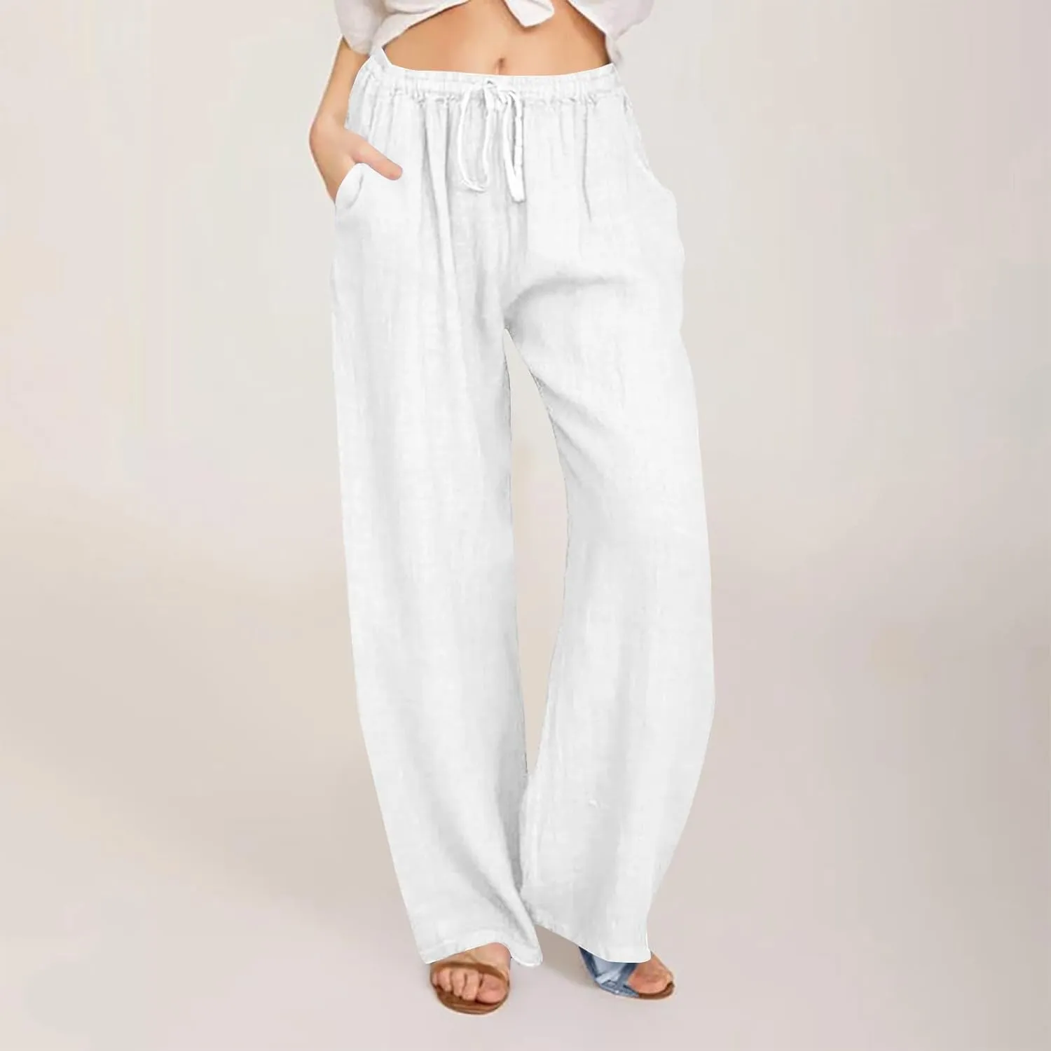 Linen Pants Women Summer Wide Leg Pants Drawstring Elastic Waist Pants High Waisted Lounge Pants Casual Beach Trousers