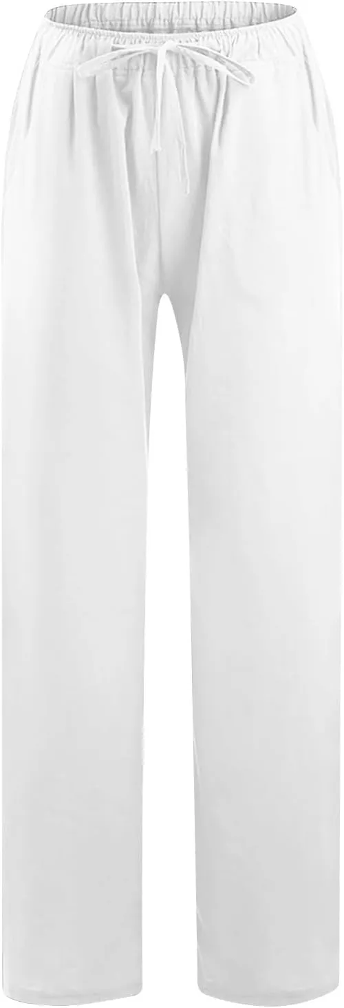 Linen Pants Women Summer Wide Leg Pants Drawstring Elastic Waist Pants High Waisted Lounge Pants Casual Beach Trousers
