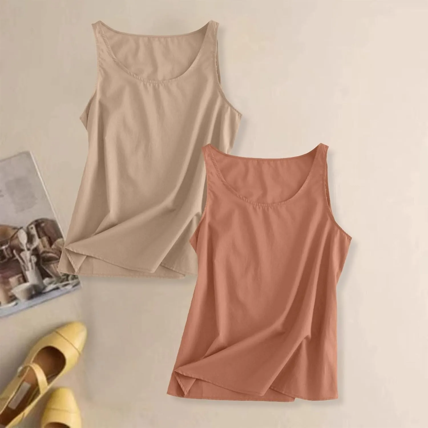 Linen Tank Tops for Women 2025 Summer Vacation Casual Tops Loose Fit Sleeveless Scoop Neck Camisole Shirt Lightweigh