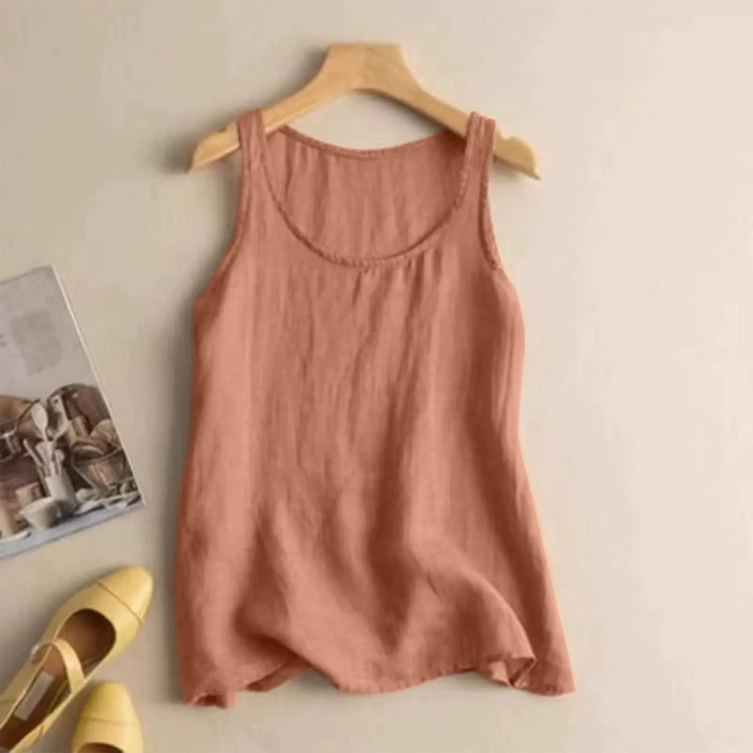Linen Tank Tops for Women 2025 Summer Vacation Casual Tops Loose Fit Sleeveless Scoop Neck Camisole Shirt Lightweigh