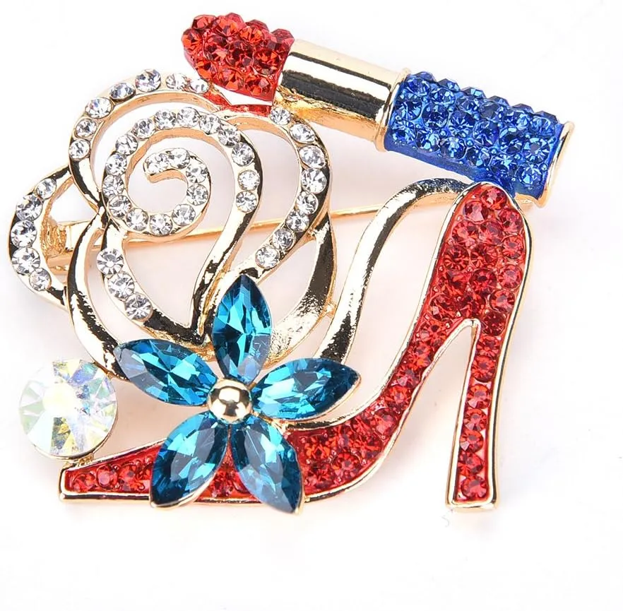 Lip Stick and High Heel Brooch for Women's Fashion Crystal Brooch Pin