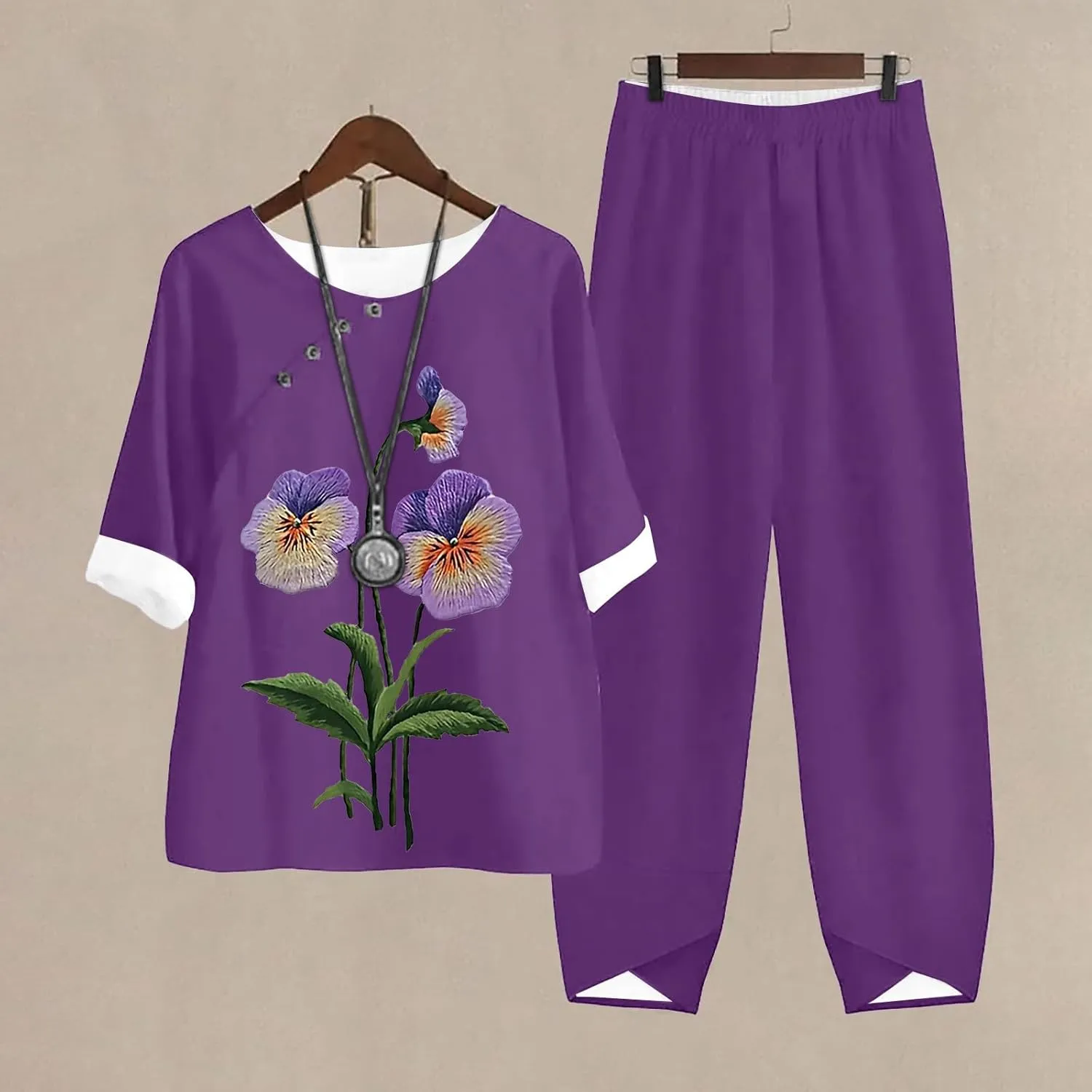 Litetao Workout Sets for Women 2 Piece Alzheimers Awareness Shirts Casual Floral Print Button Linen Shirt Loose Wide Leg Pant