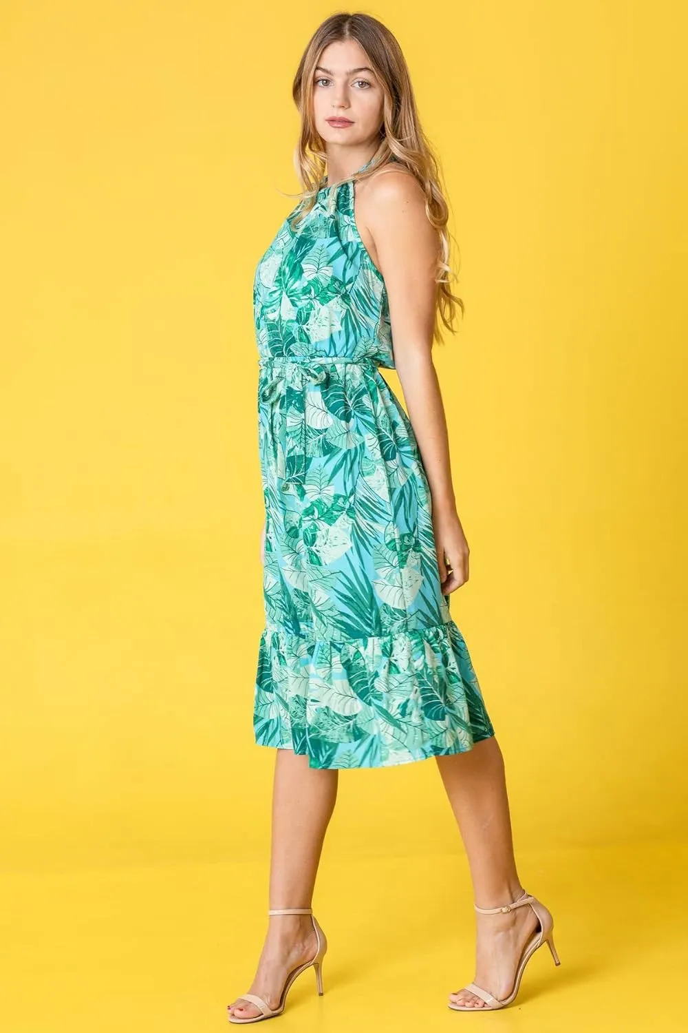 loges Women's Summer Floral Tropical Leaves Halter Neck Midi Dress | S-3X Plus