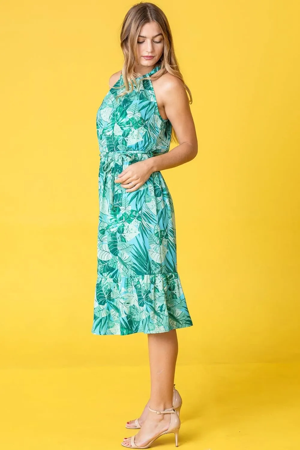 loges Women's Summer Floral Tropical Leaves Halter Neck Midi Dress | S-3X Plus