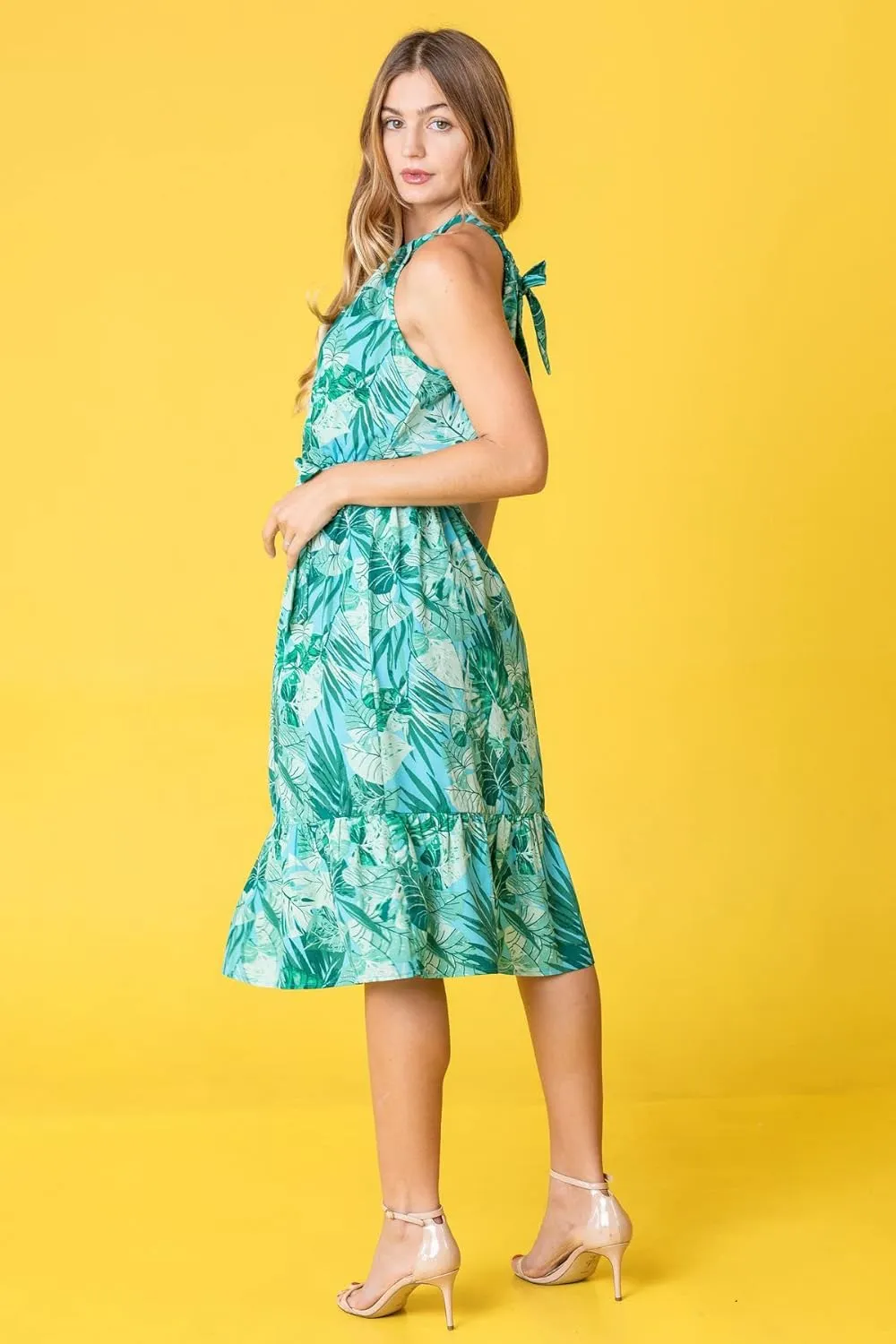 loges Women's Summer Floral Tropical Leaves Halter Neck Midi Dress | S-3X Plus