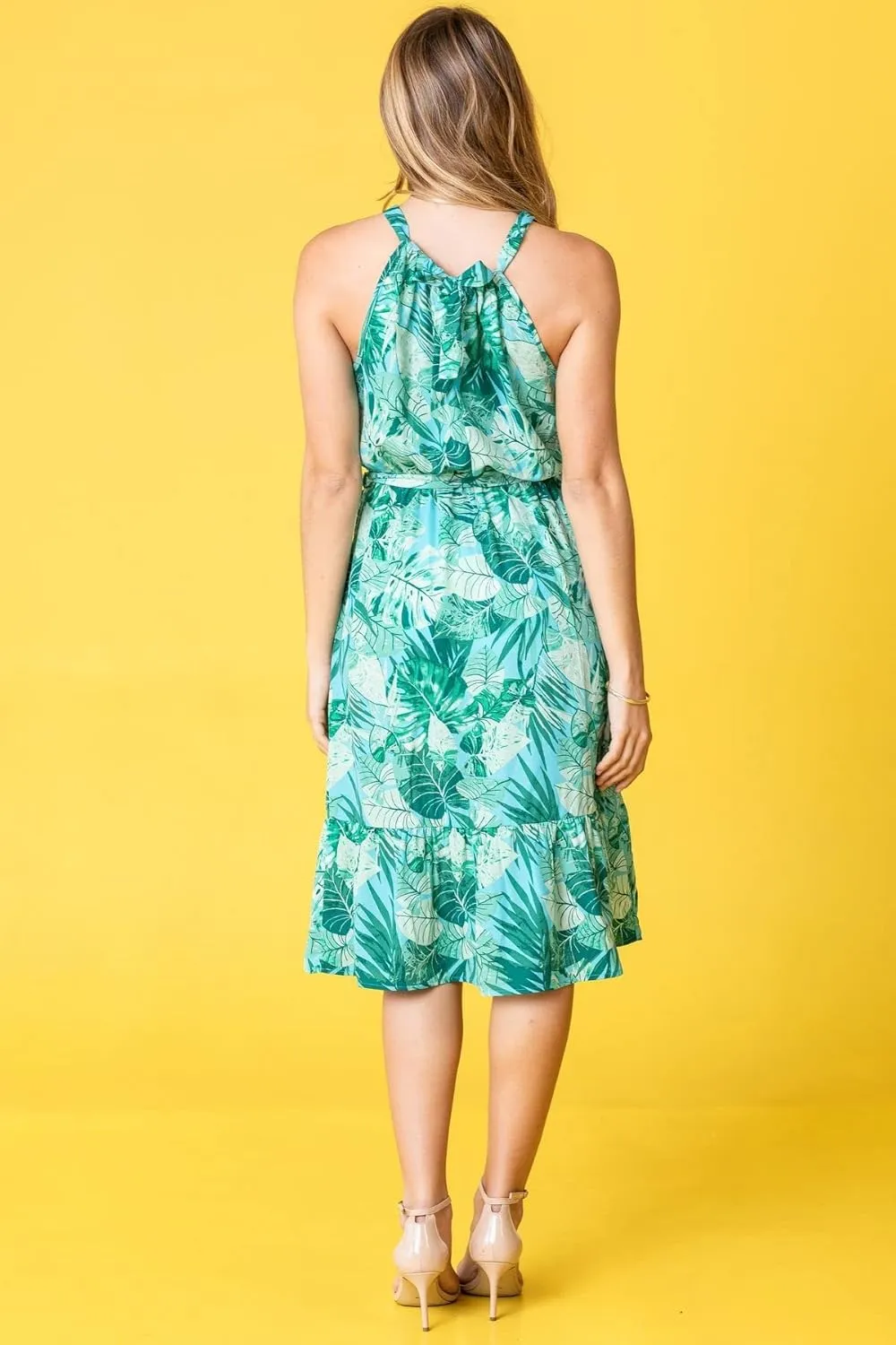loges Women's Summer Floral Tropical Leaves Halter Neck Midi Dress | S-3X Plus