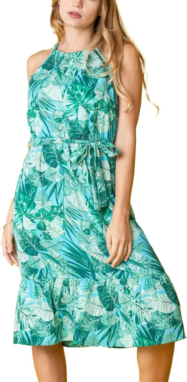 loges Women's Summer Floral Tropical Leaves Halter Neck Midi Dress | S-3X Plus