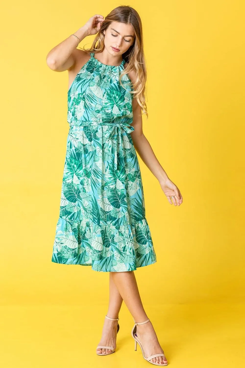 loges Women's Summer Floral Tropical Leaves Halter Neck Midi Dress | S-3X Plus
