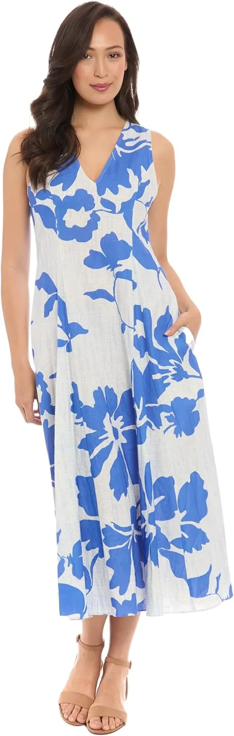 London Times Women's Linen Rayon Floral Print Midi V-Neck Sleeveless A-line Summer Dress