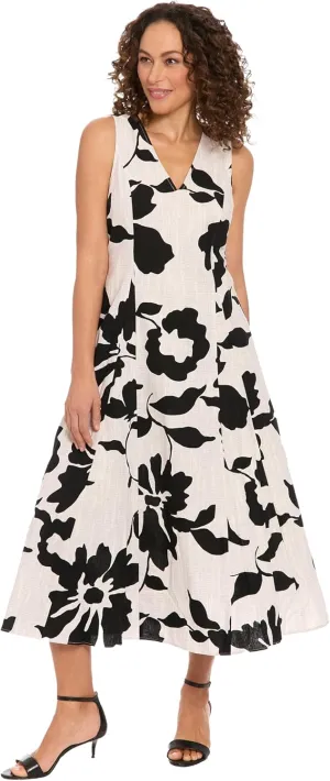 London Times Women's Linen Rayon Floral Print Midi V-Neck Sleeveless A-line Summer Dress