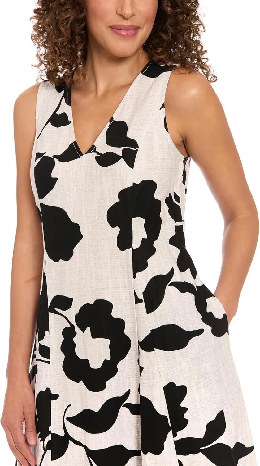 London Times Women's Linen Rayon Floral Print Midi V-Neck Sleeveless A-line Summer Dress