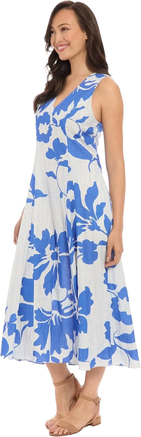London Times Women's Linen Rayon Floral Print Midi V-Neck Sleeveless A-line Summer Dress