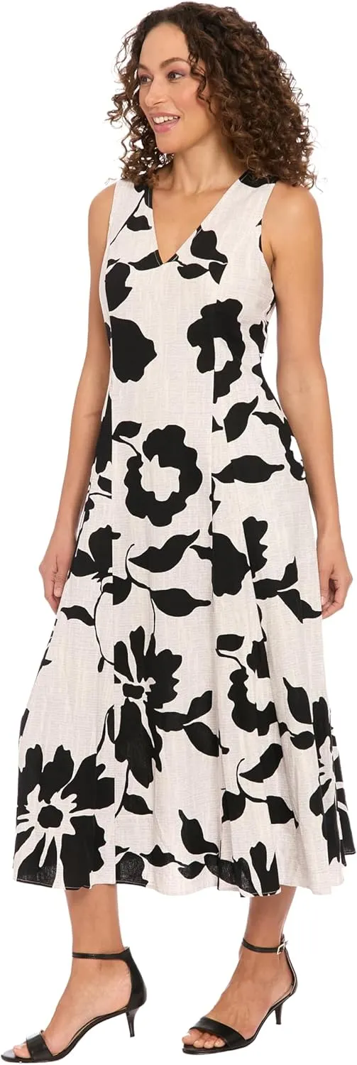 London Times Women's Linen Rayon Floral Print Midi V-Neck Sleeveless A-line Summer Dress