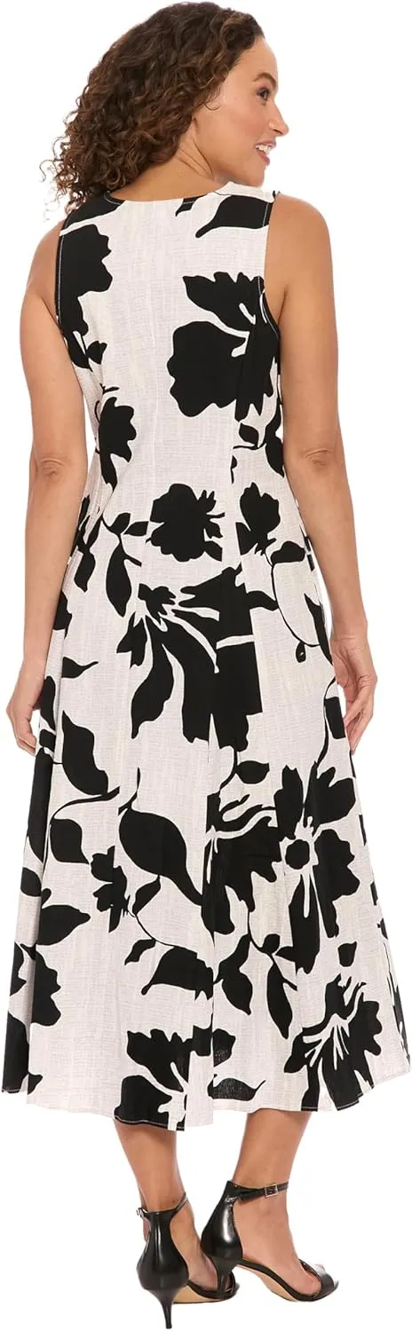 London Times Women's Linen Rayon Floral Print Midi V-Neck Sleeveless A-line Summer Dress