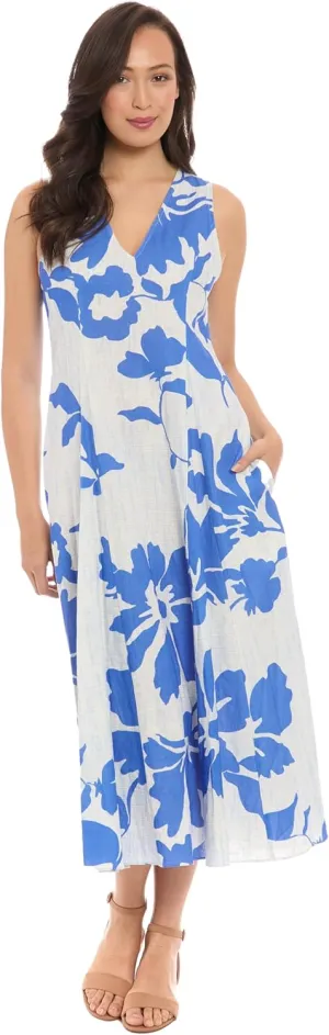 London Times Women's Linen Rayon Floral Print Midi V-Neck Sleeveless A-line Summer Dress