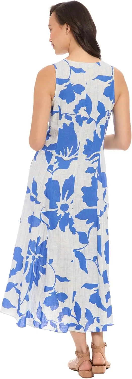 London Times Women's Linen Rayon Floral Print Midi V-Neck Sleeveless A-line Summer Dress