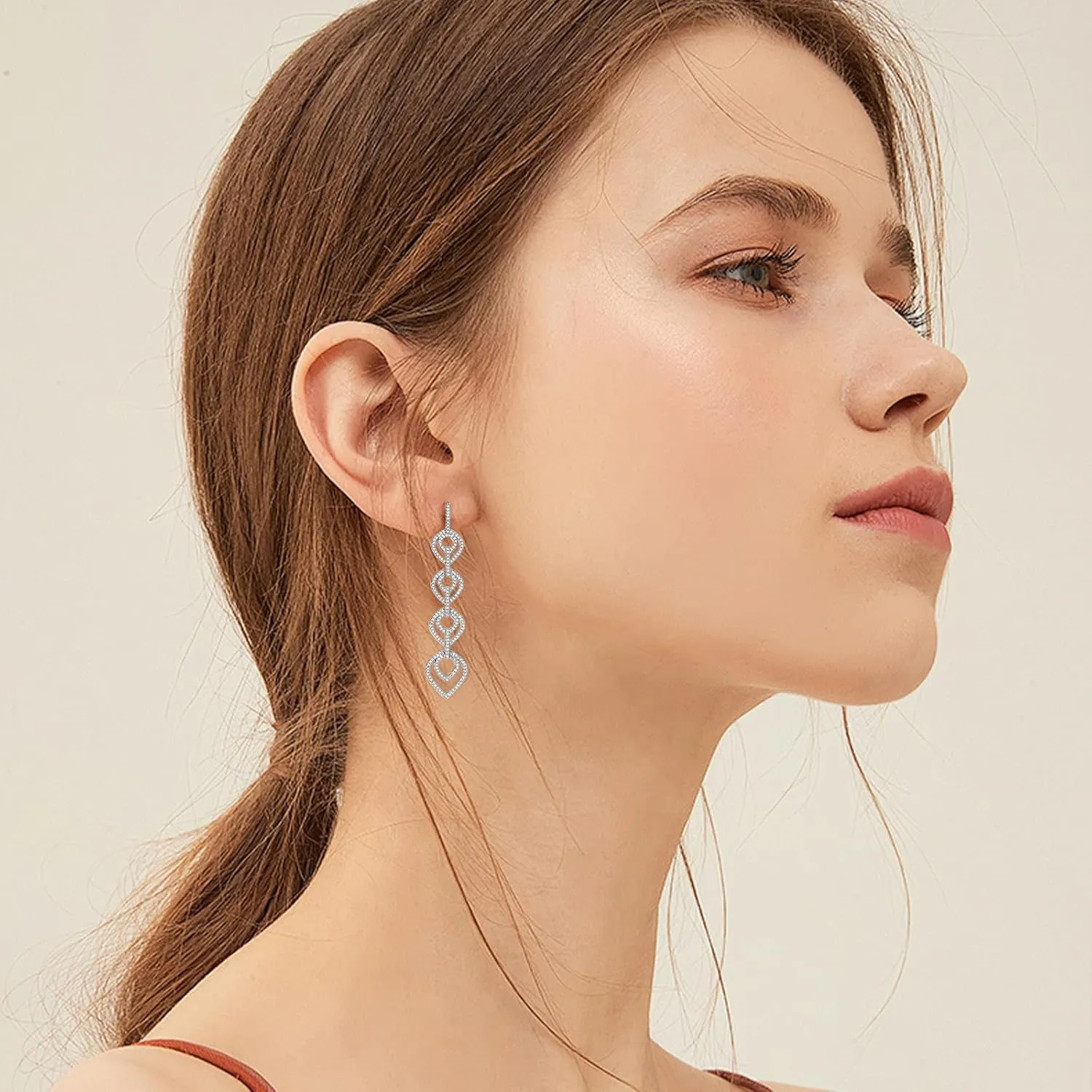 Long Crystal Dangle Heart Earrings for Women Cubic Zirconia Rhinestones Drop Love Statement Wedding Party Prom Earrings for Mom Wife