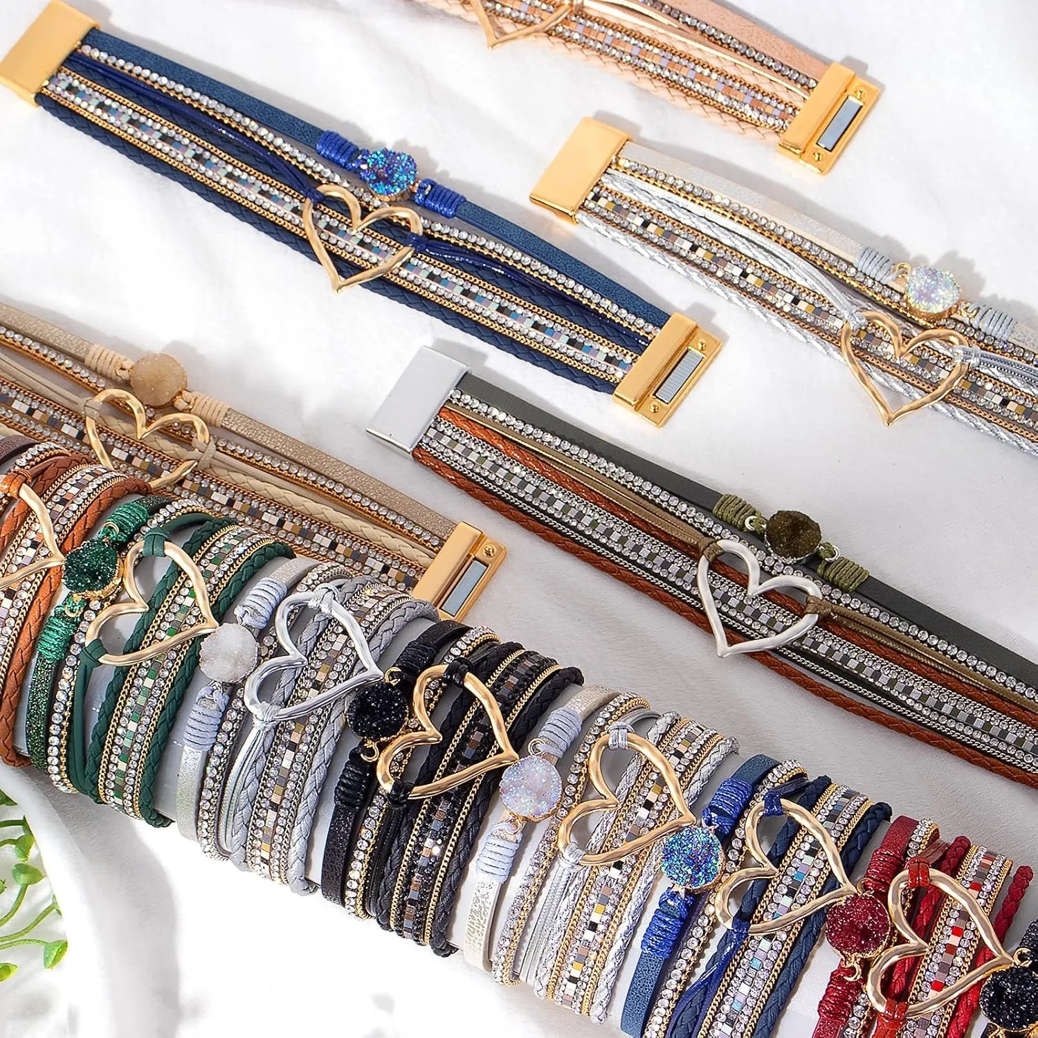 Long tiantian Heart Leather Wrap Bracelets for Women Handmade Stackable Boho Cuff Bangles Bracelet Trendy Valentines Gifts for Her