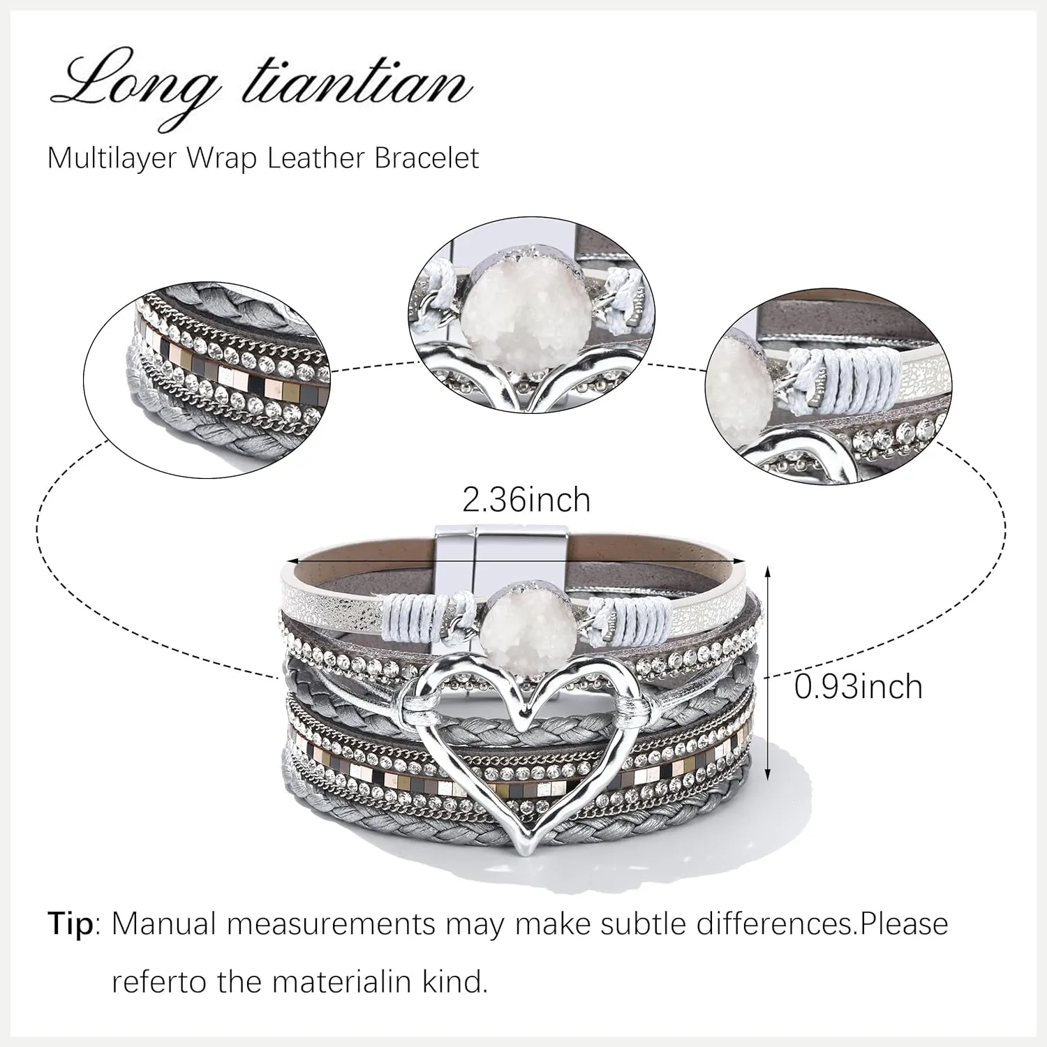 Long tiantian Heart Leather Wrap Bracelets for Women Handmade Stackable Boho Cuff Bangles Bracelet Trendy Valentines Gifts for Her